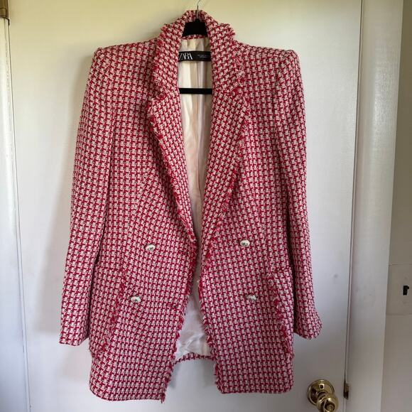 Zara Womens Tailored Double Breasted Red White Tweed Blazer Jacket Size Small - Picture 2 of 11